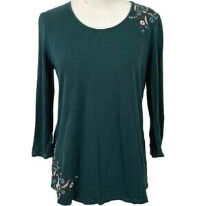 Chicos Women 3/4 Sleeve Boho Forest Fairy Embroidery T-shirt Top Green Medium